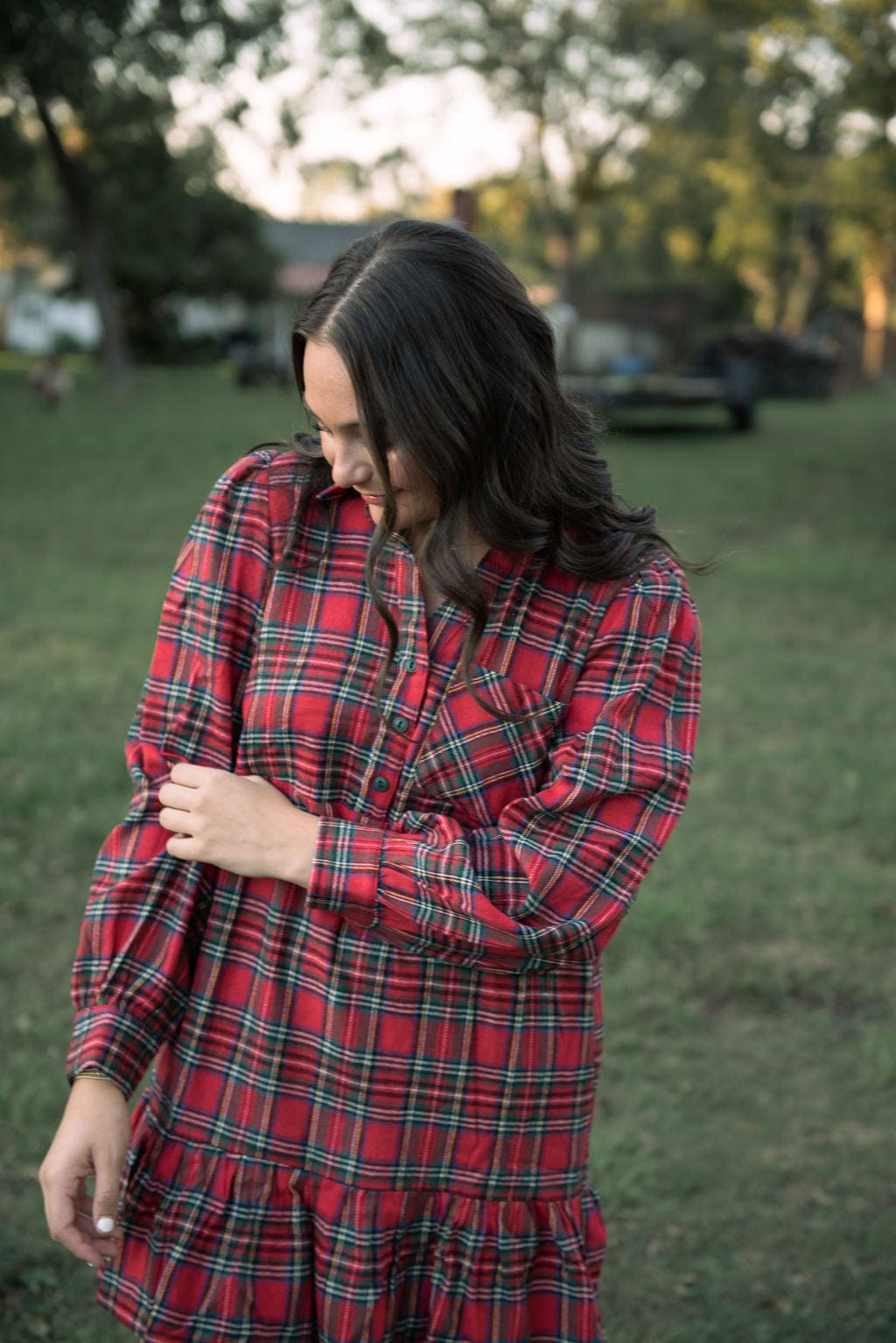 Red Plaid Tiered Shirt Dress - Image 5