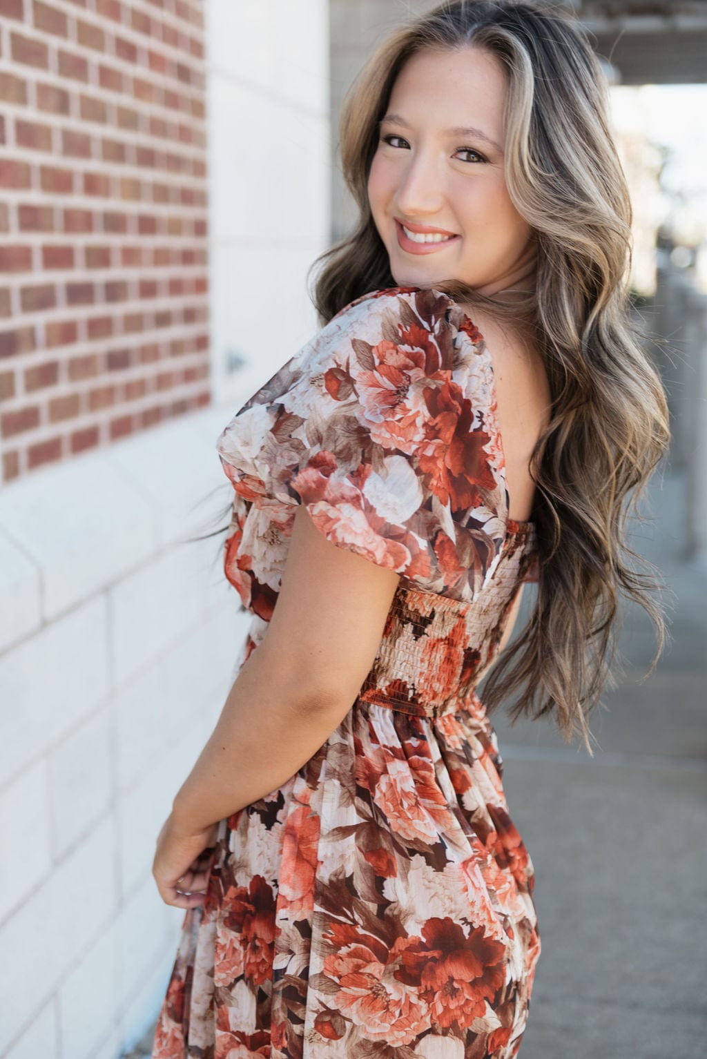 Rust Floral Puff Sleeve Midi Dress - Image 3