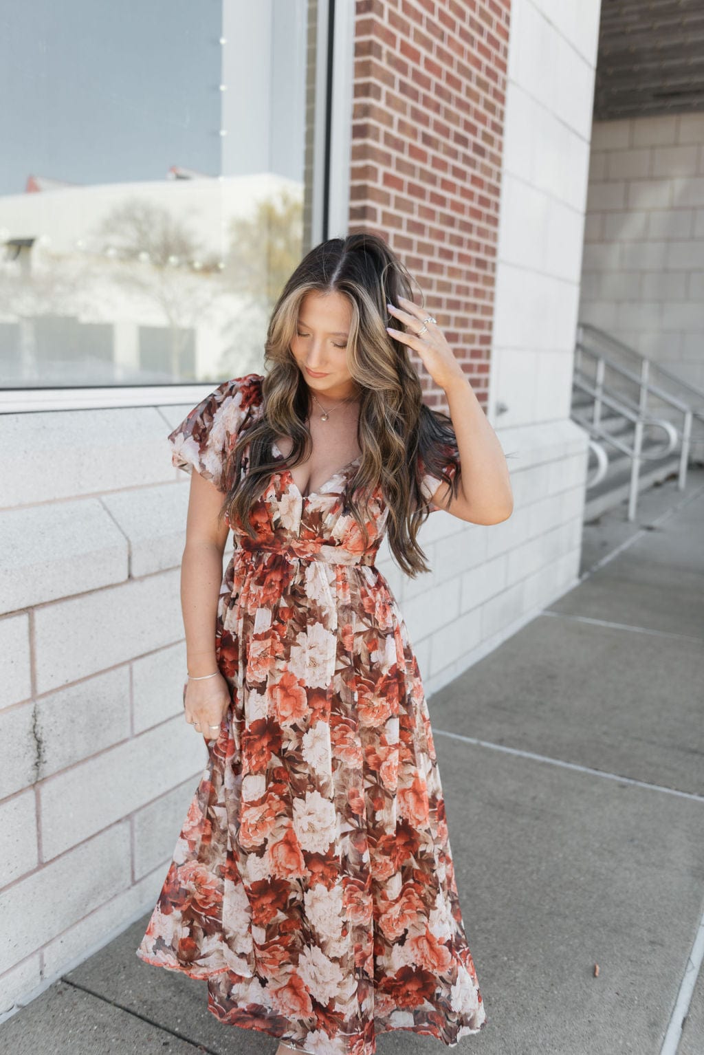 Rust Floral Puff Sleeve Midi Dress - Image 5