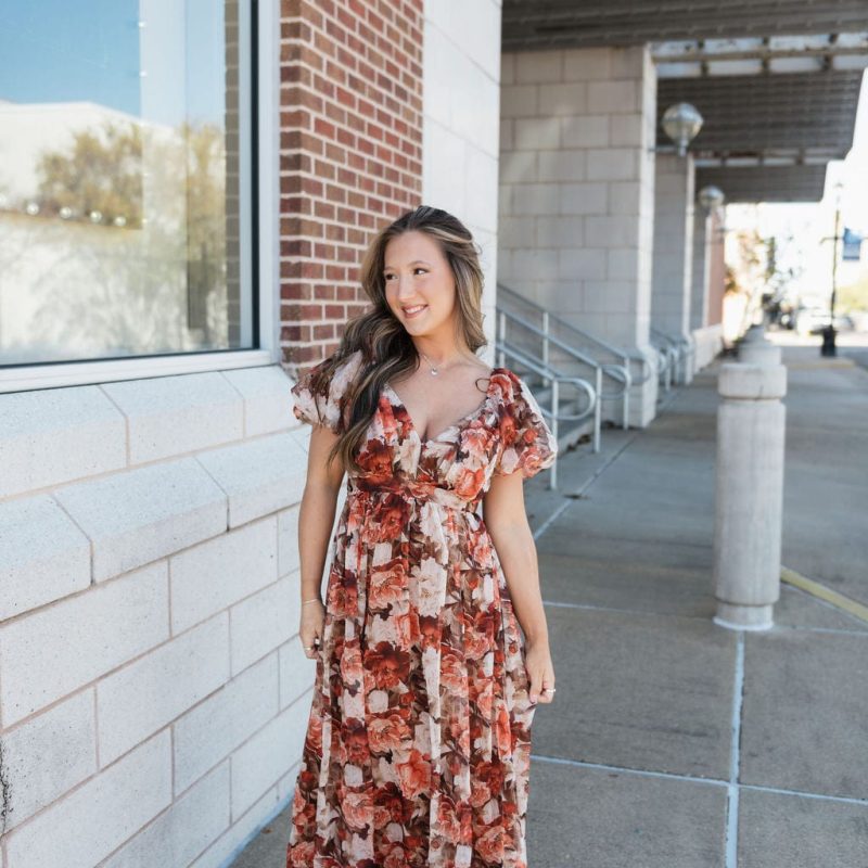 Rust Floral Puff Sleeve Midi Dress
