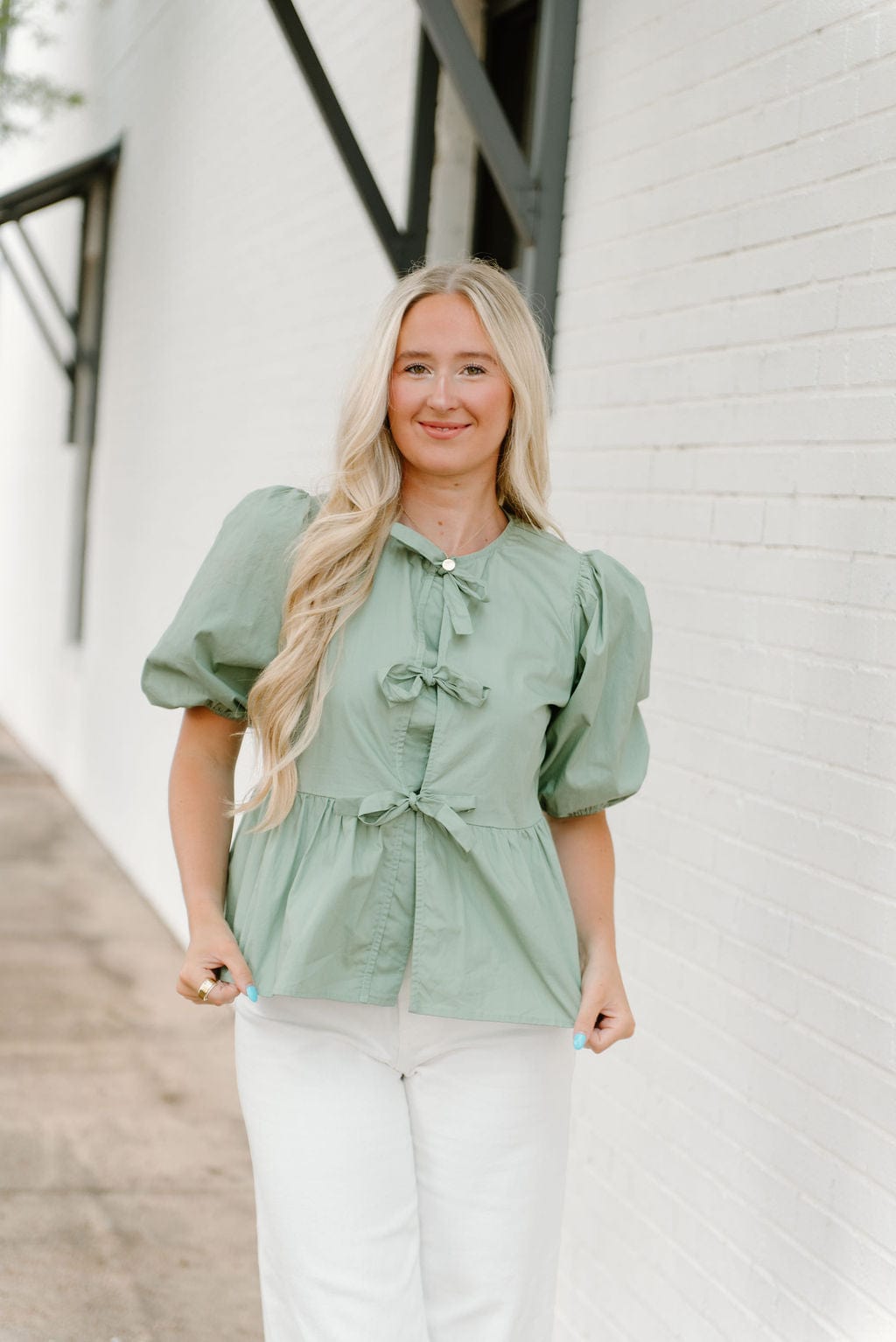 Sage Bow Front Peplum Blouse