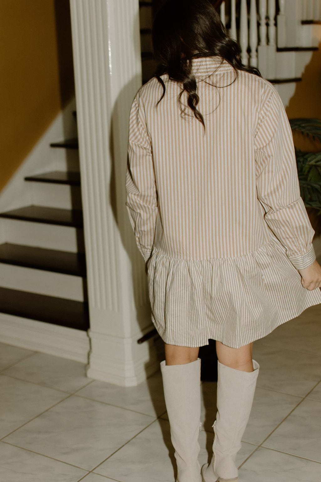 Tan Striped Button Up Flare Shirt Dress - Image 2