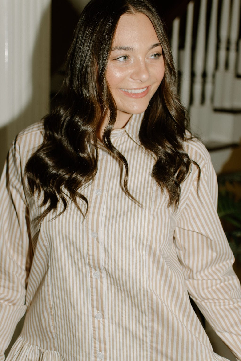 Tan Striped Button Up Flare Shirt Dress - Image 3