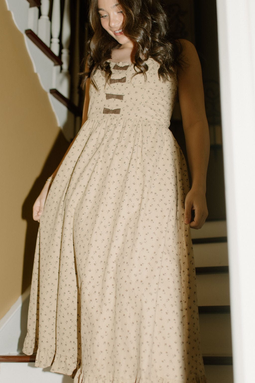 Taupe Bow Detail Floral Midi Dress - Image 6