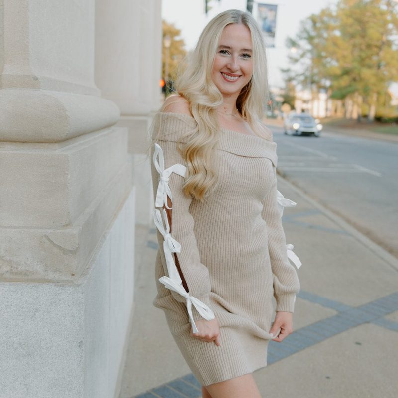 Taupe Bow Sleeve Knit Mini Dress