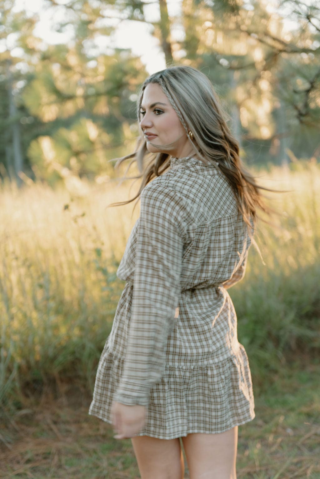 Taupe Plaid Belted Ruffle Dress - Image 2