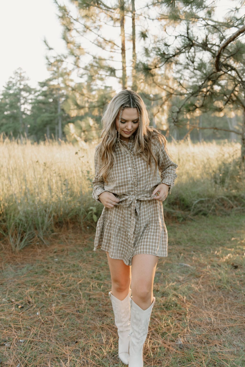 Taupe Plaid Belted Ruffle Dress - Image 3