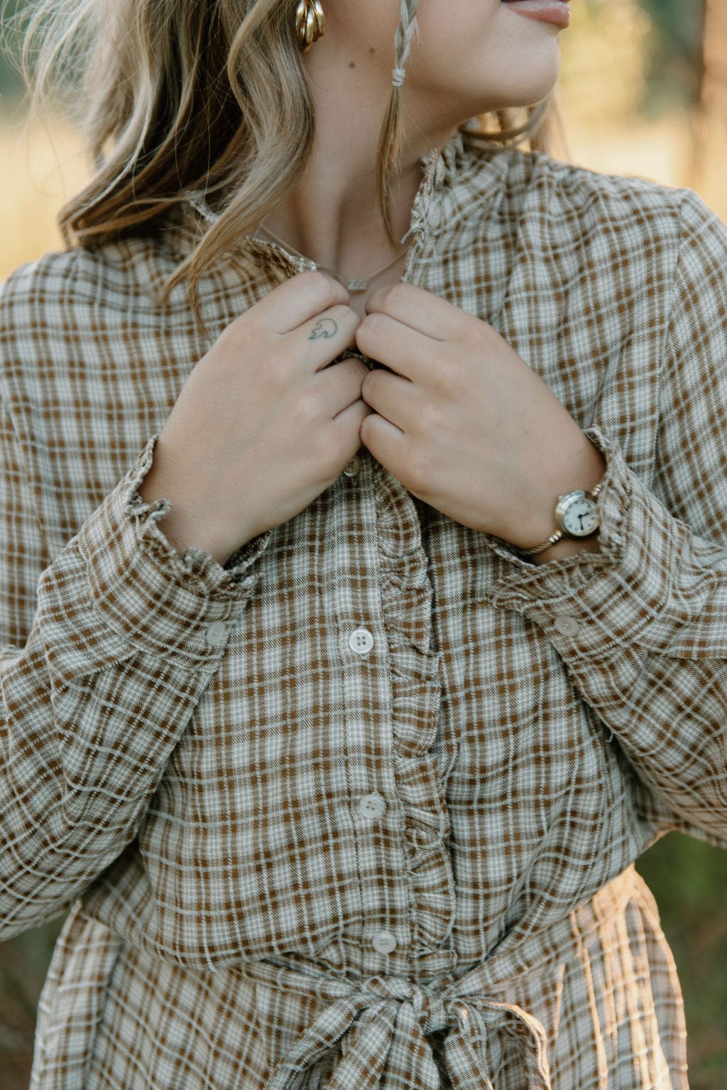 Taupe Plaid Belted Ruffle Dress - Image 4