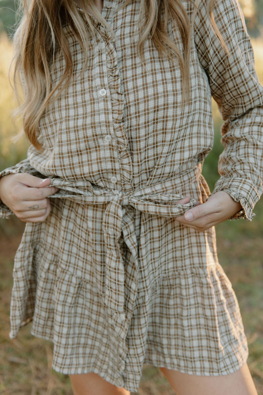 Taupe Plaid Belted Ruffle Dress - Image 5