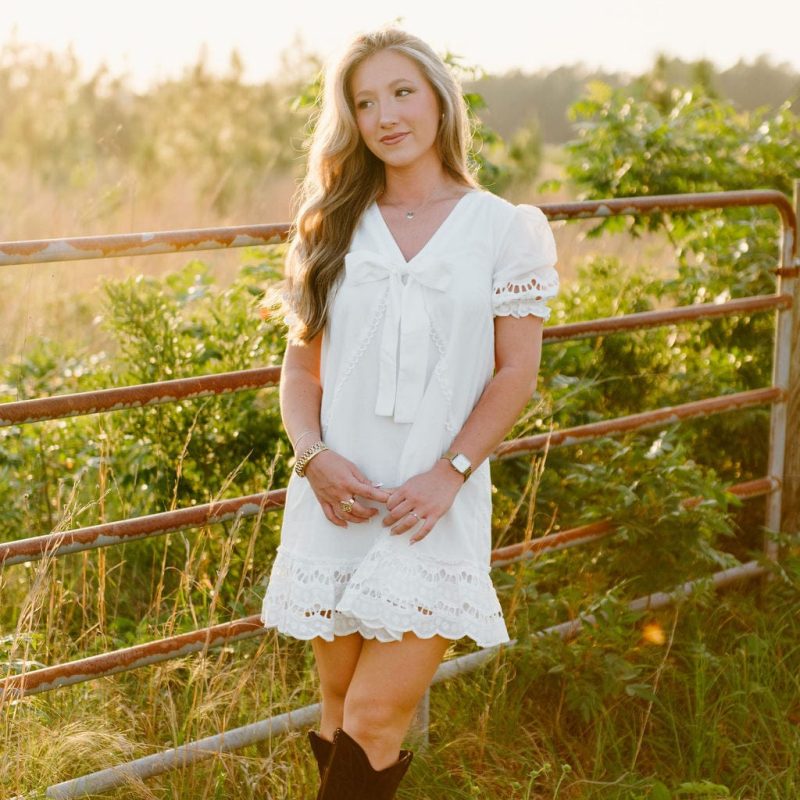 White Eyelet Lace Bow Front Dress