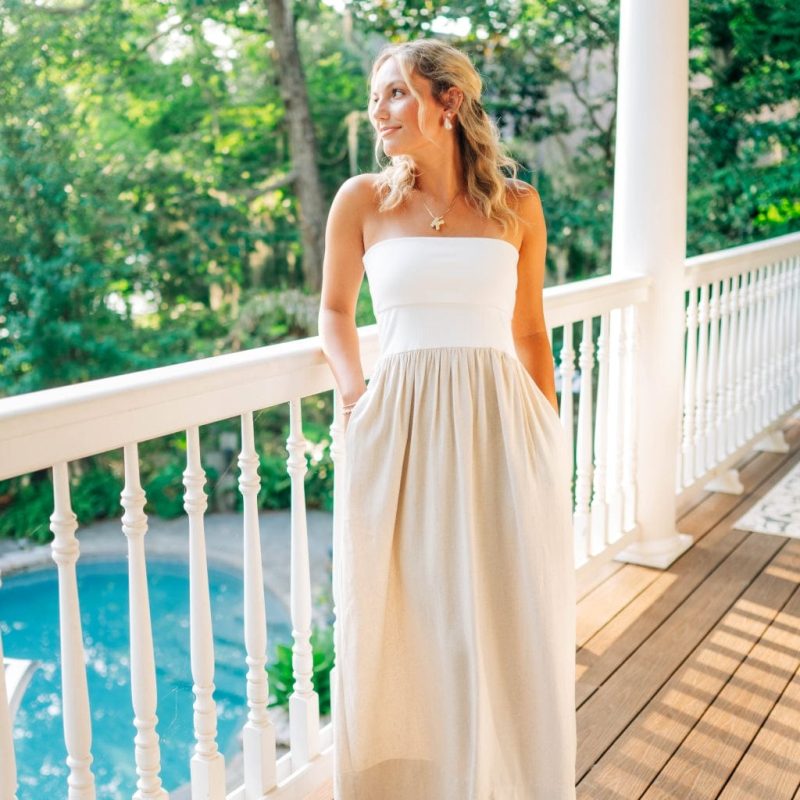 White & Linen Contrast Maxi Dress