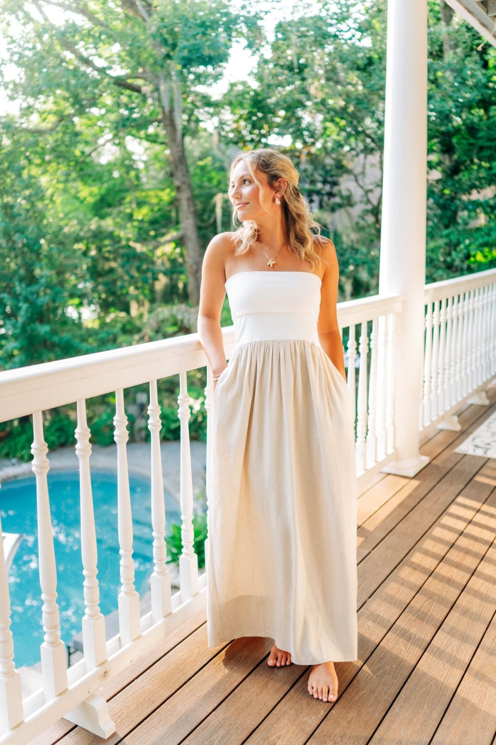 White & Linen Contrast Maxi Dress