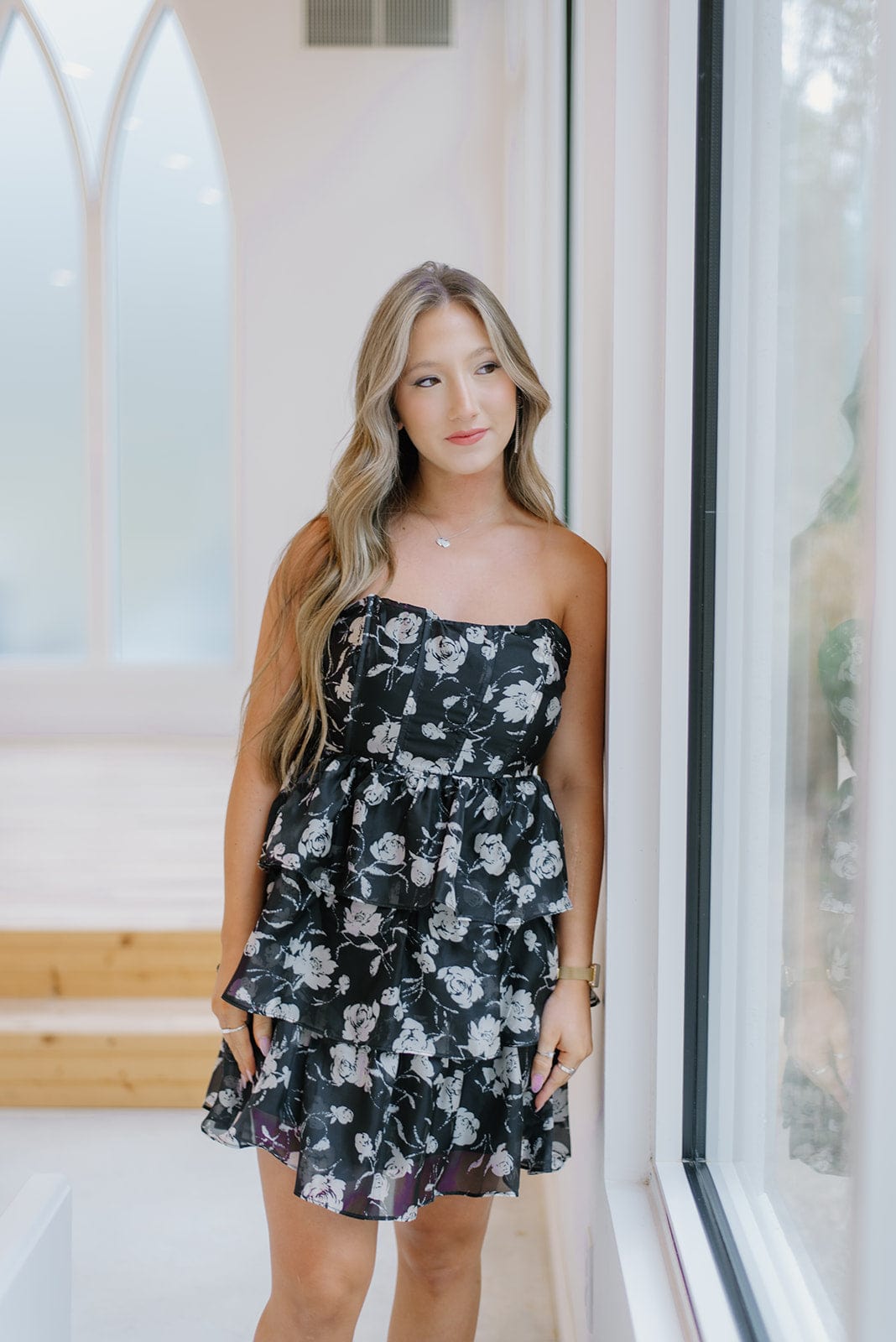 Black Floral Corset Strapless Dress - Image 5