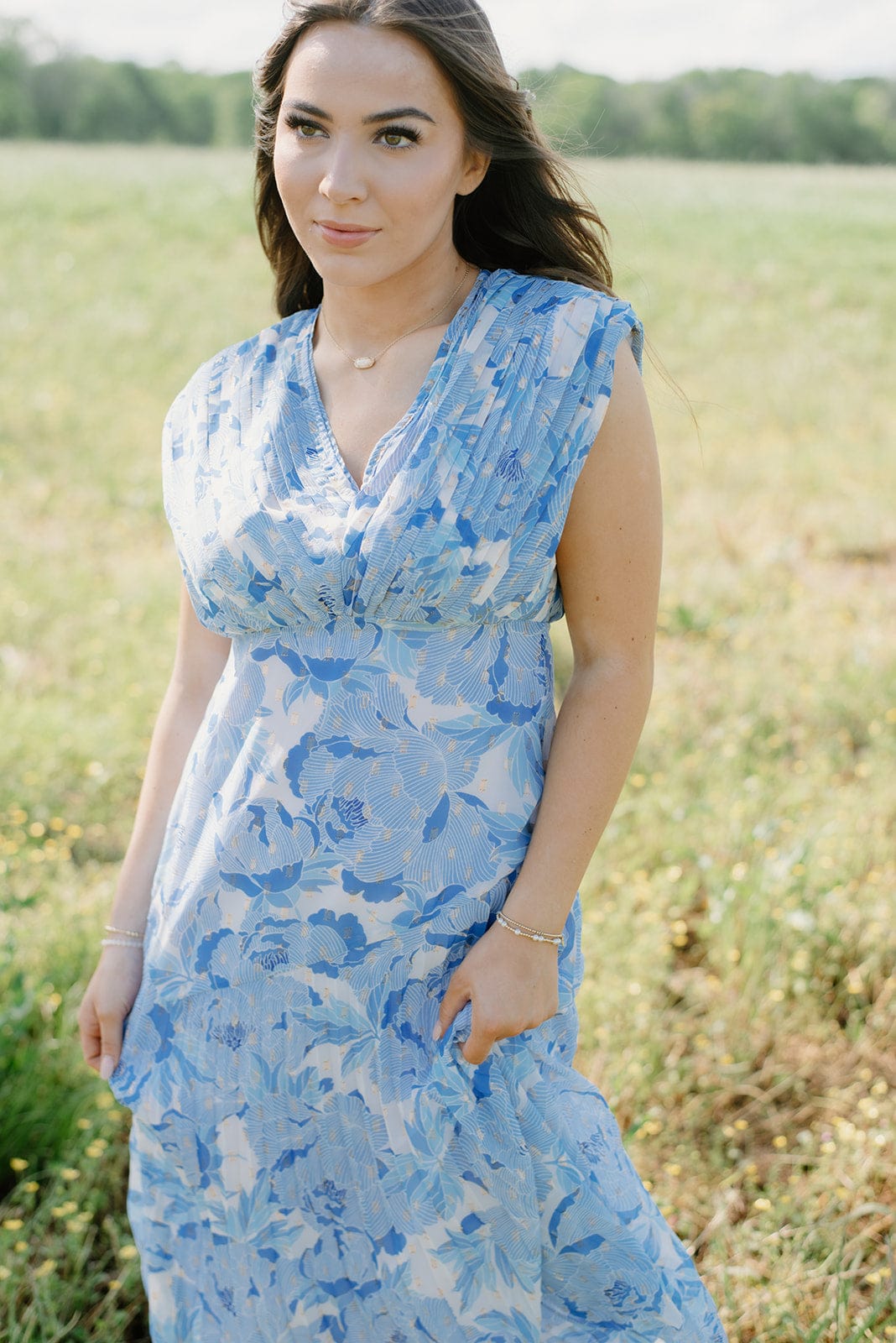 Blue & Gold Pleated Midi Dress - Image 3