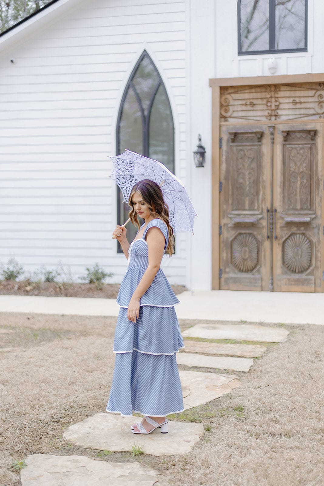 Blue Striped Tiered Ruffle Midi Dress - Image 5