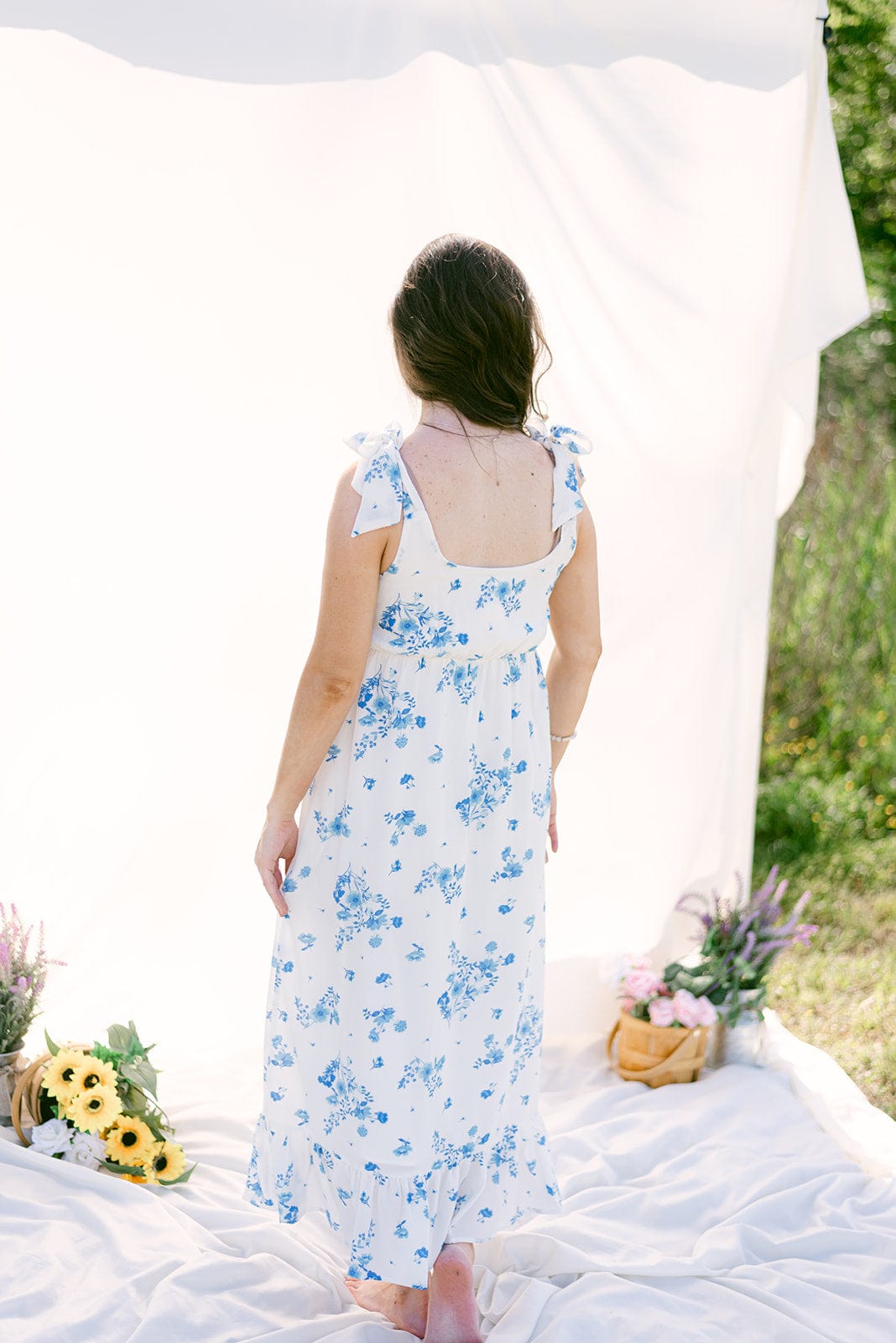 Blue & White Floral Shoulder Tie Midi Dress - Image 2