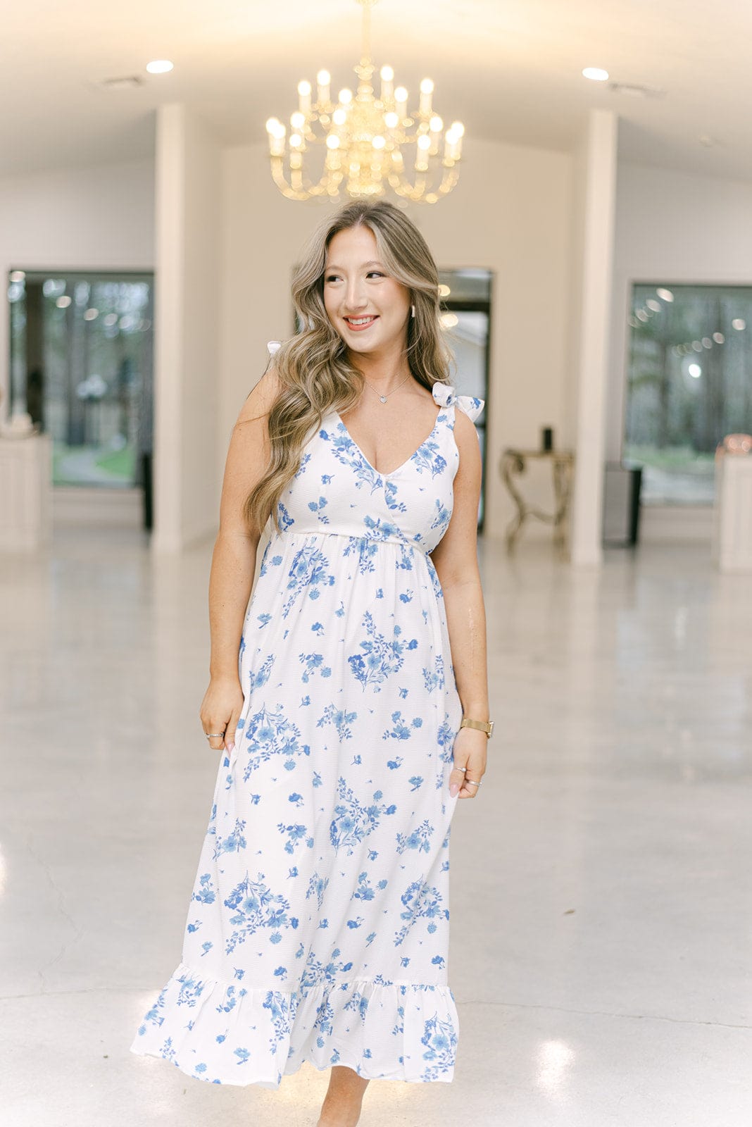 Blue & White Floral Shoulder Tie Midi Dress - Image 4