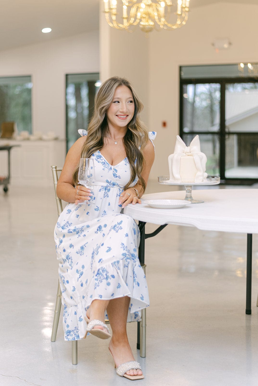 Blue & White Floral Shoulder Tie Midi Dress - Image 6