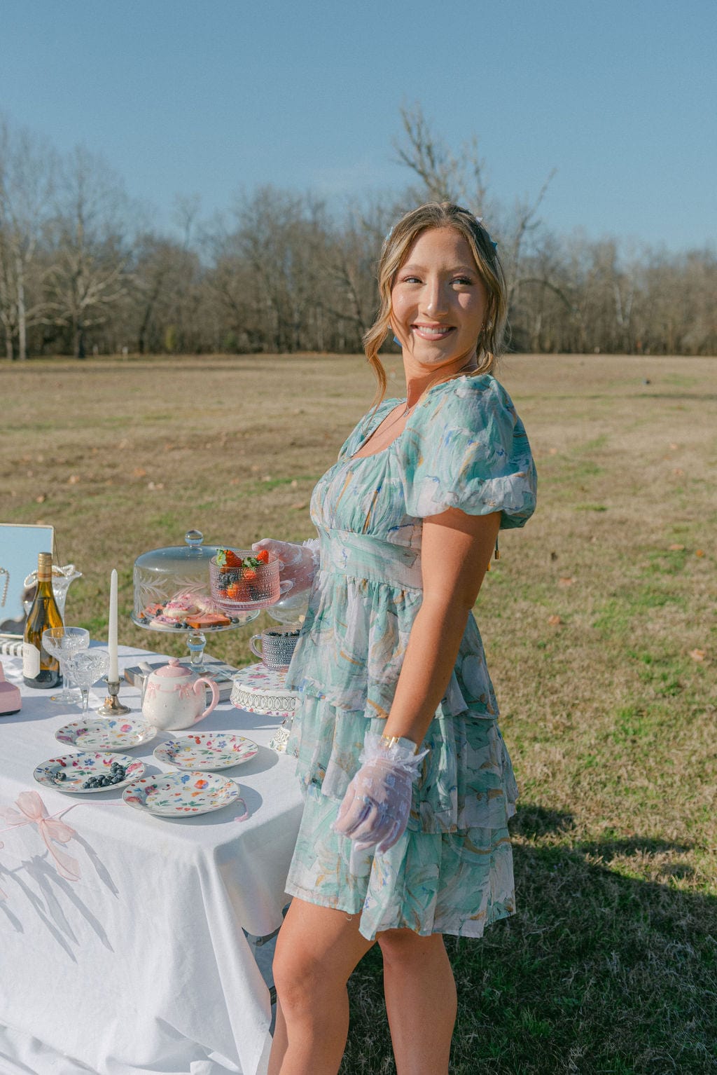 Green Printed Puff Sleeve Mini Dress