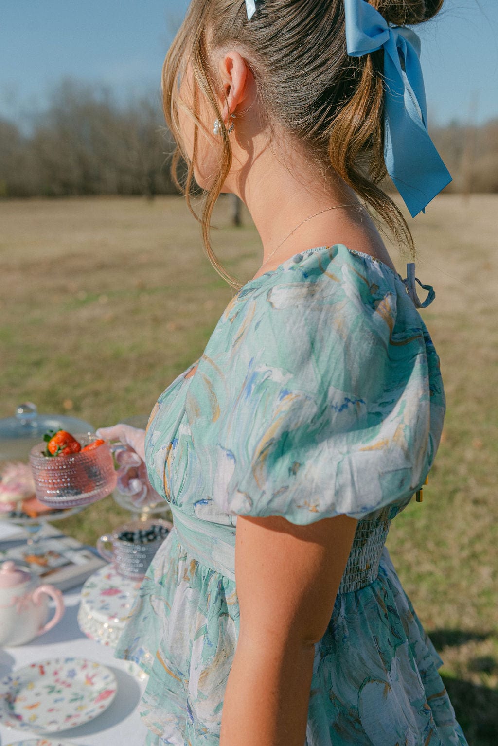 Green Printed Puff Sleeve Mini Dress - Image 3