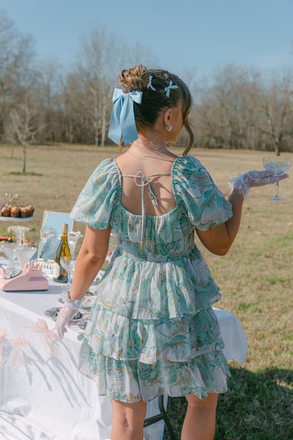 Green Printed Puff Sleeve Mini Dress - Image 2