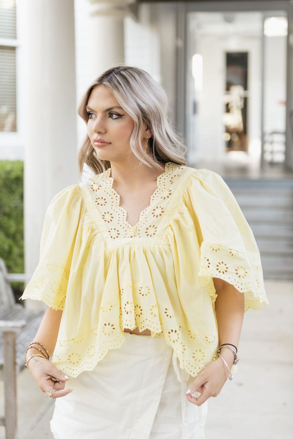 Yellow Eyelet Lace Short Sleeve Blouse - Image 5