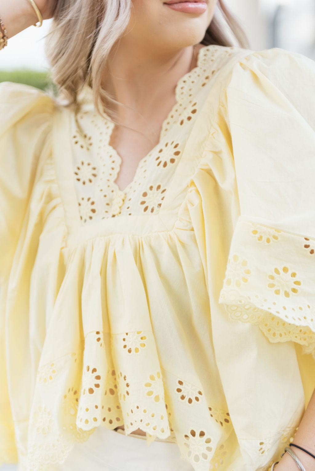 Yellow Eyelet Lace Short Sleeve Blouse - Image 3