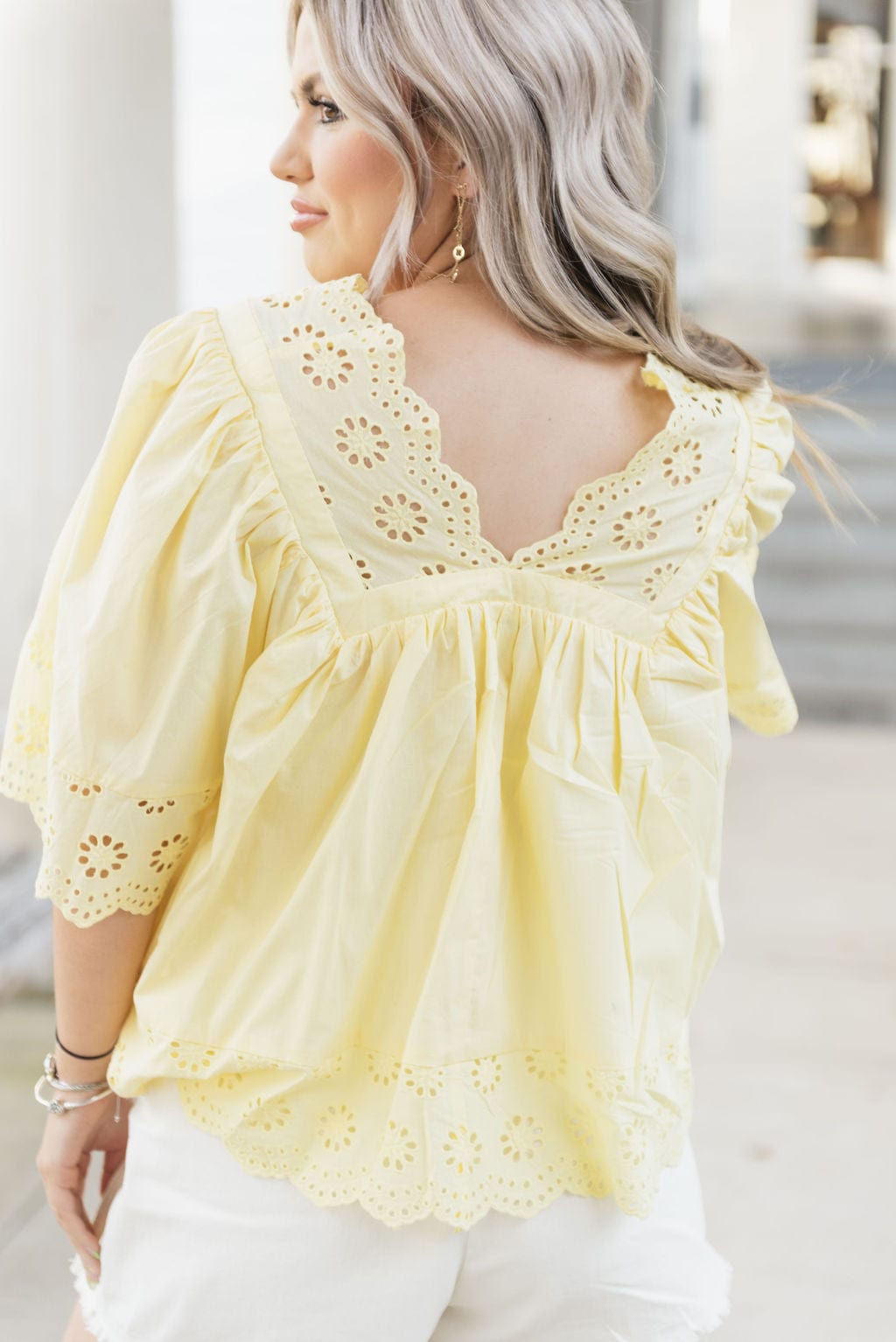 Yellow Eyelet Lace Short Sleeve Blouse - Image 2