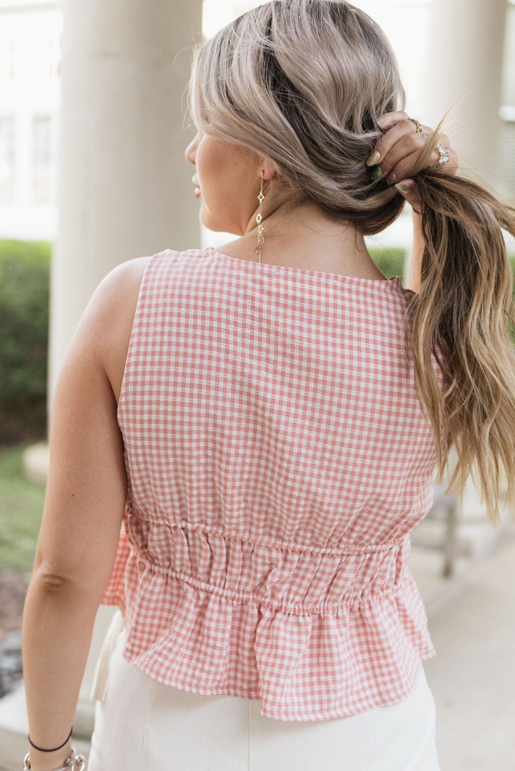 Pink Gingham V-Neck Sleeveless Top - Image 2