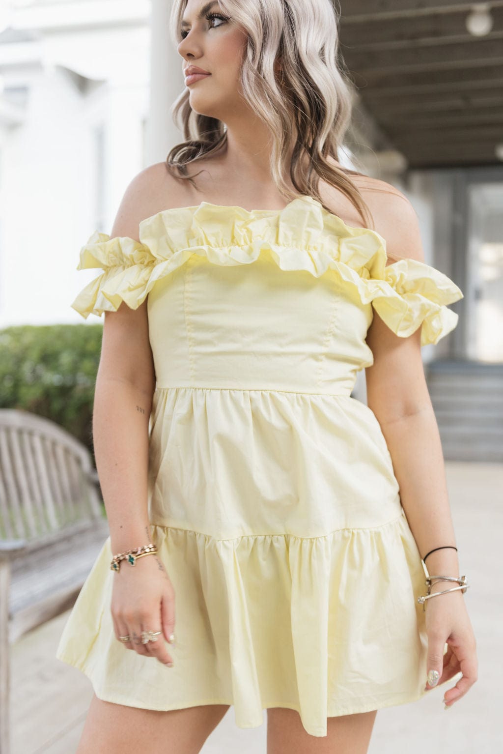Yellow Ruffle Off The Shoulder Dress - Image 3