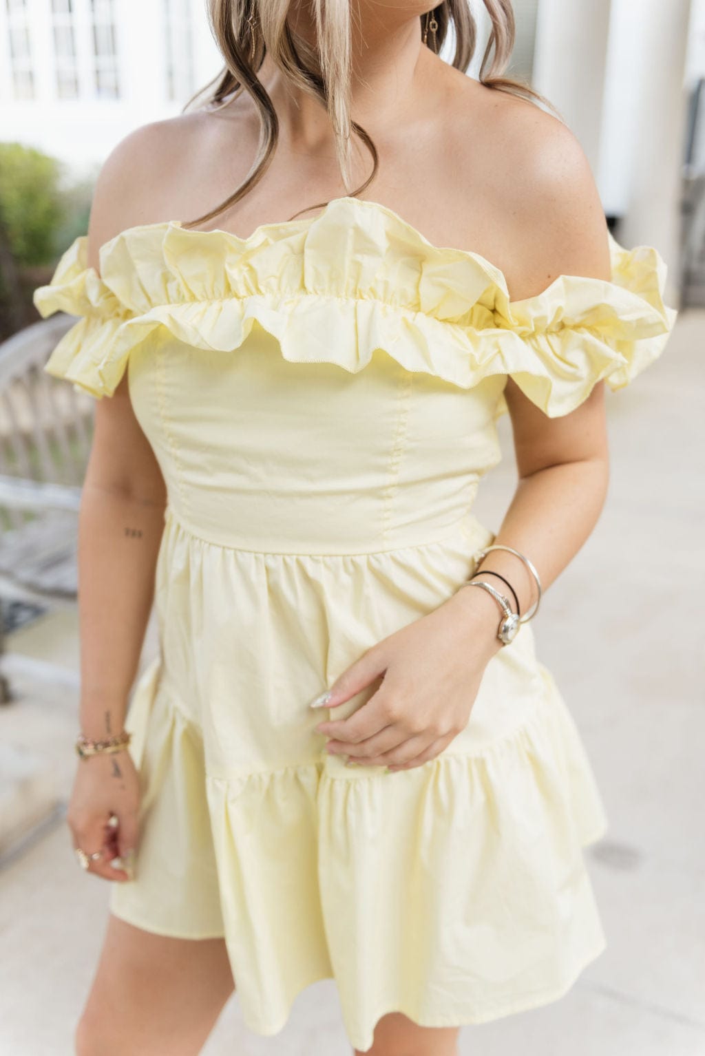 Yellow Ruffle Off The Shoulder Dress - Image 5