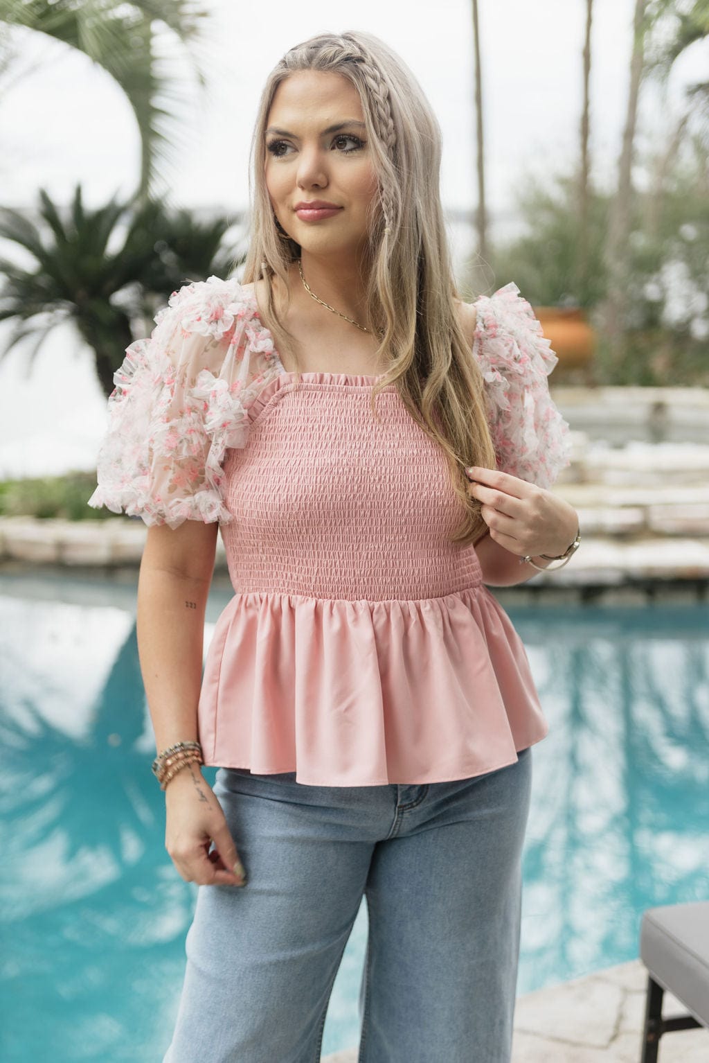 Pink Floral Puff Sleeve Smocked Top - Image 5