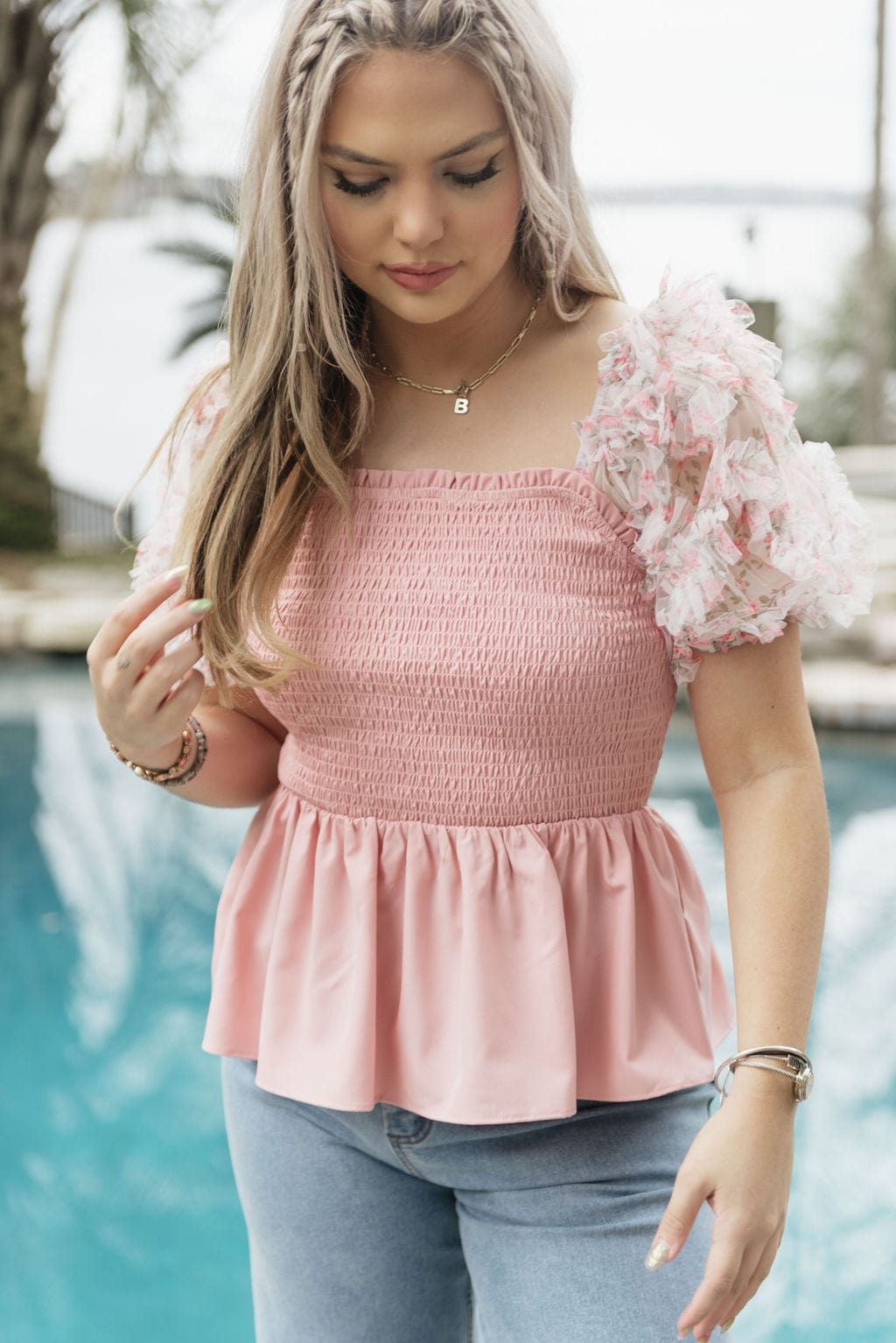 Pink Floral Puff Sleeve Smocked Top - Image 6