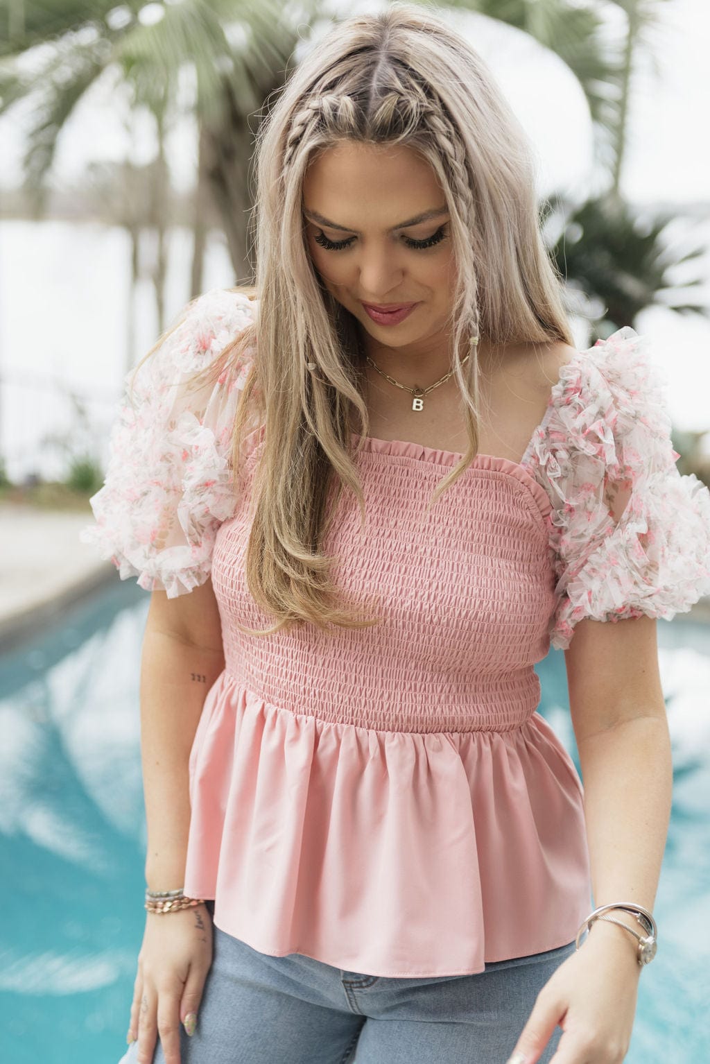 Pink Floral Puff Sleeve Smocked Top