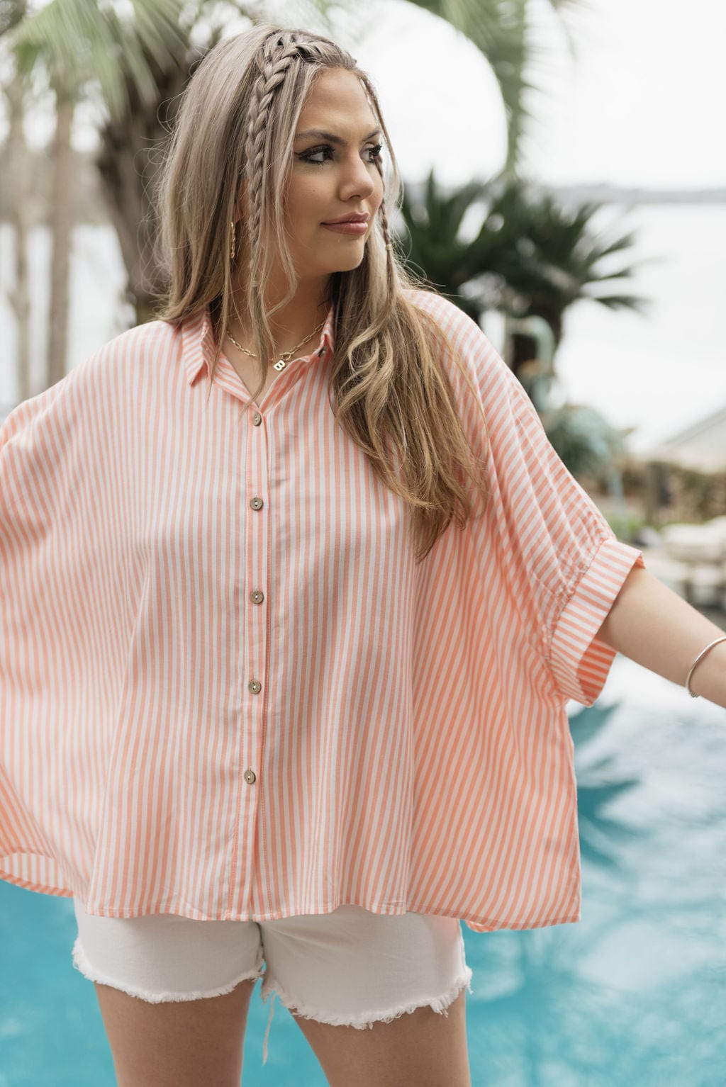 Coral Striped Short Sleeve Blouse - Image 3
