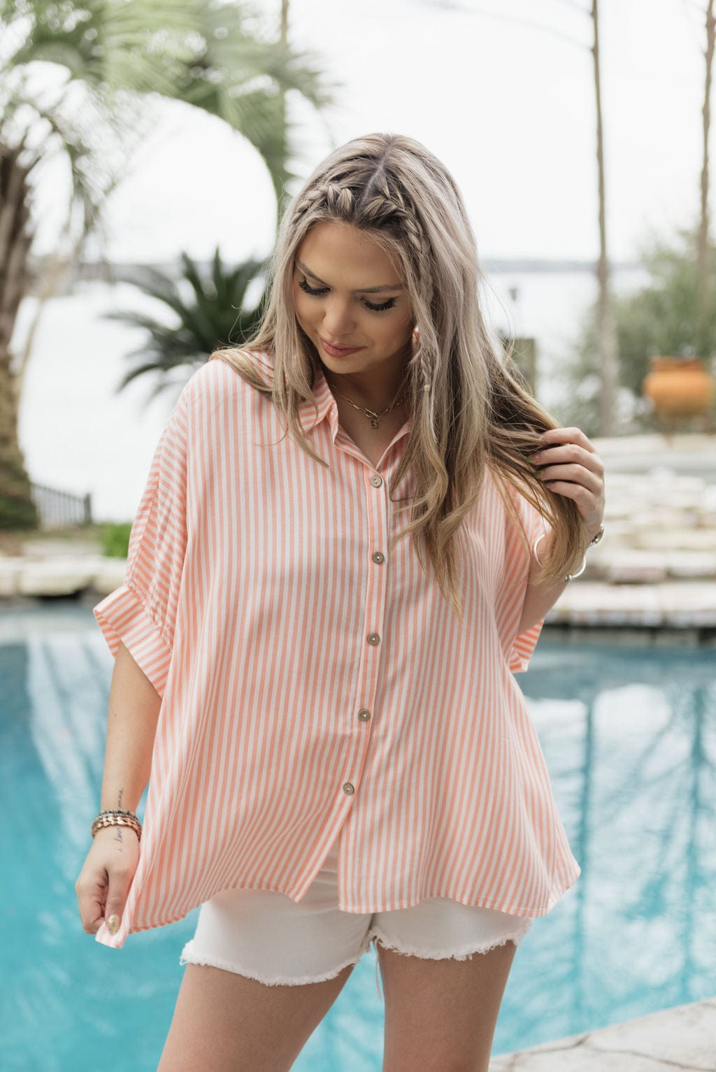 Coral Striped Short Sleeve Blouse - Image 5