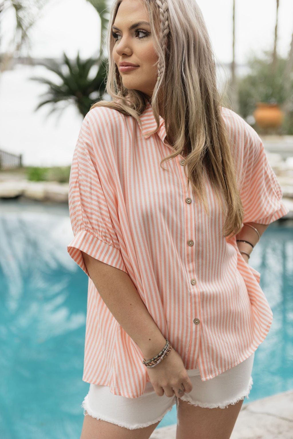 Coral Striped Short Sleeve Blouse - Image 4