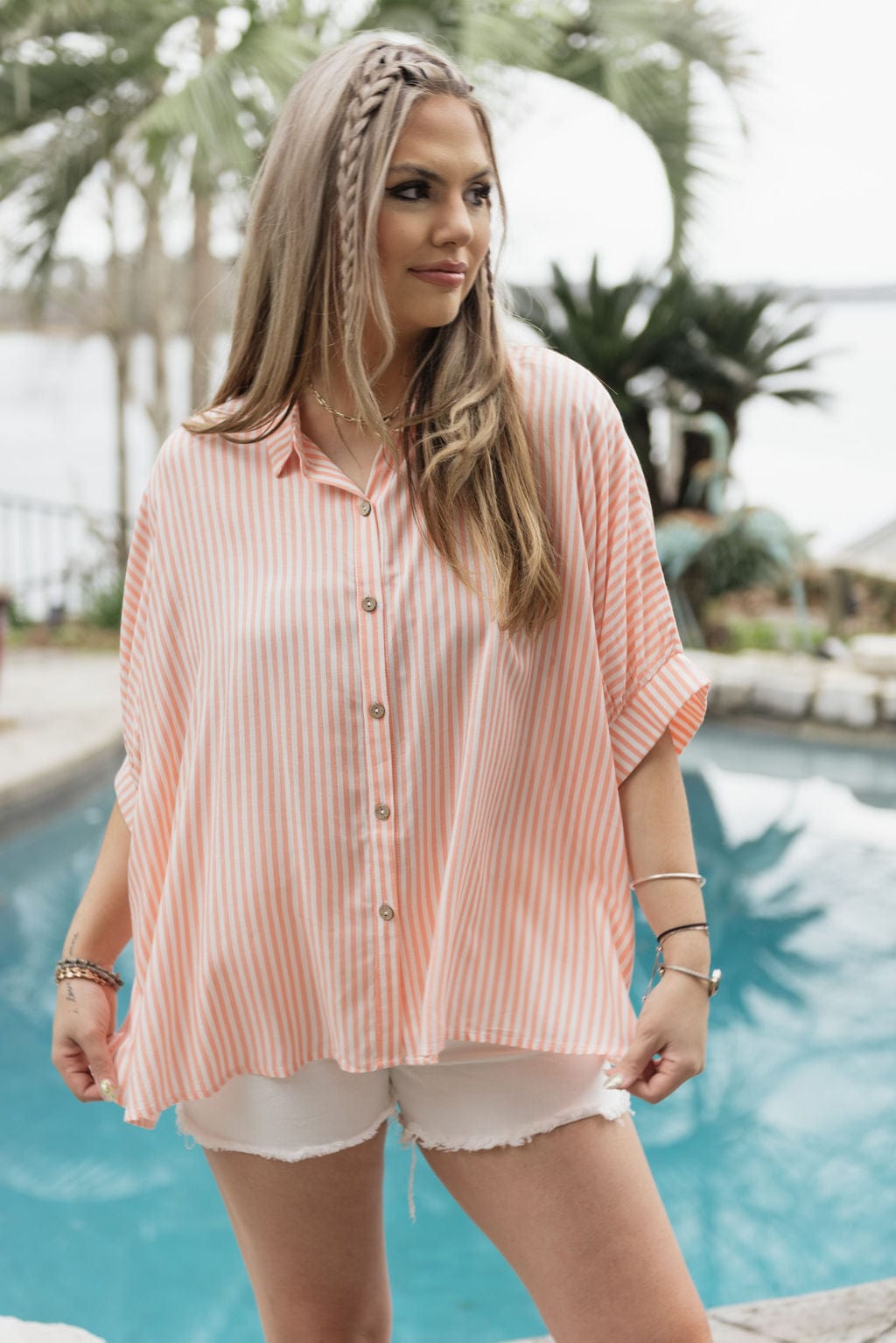 Coral Striped Short Sleeve Blouse