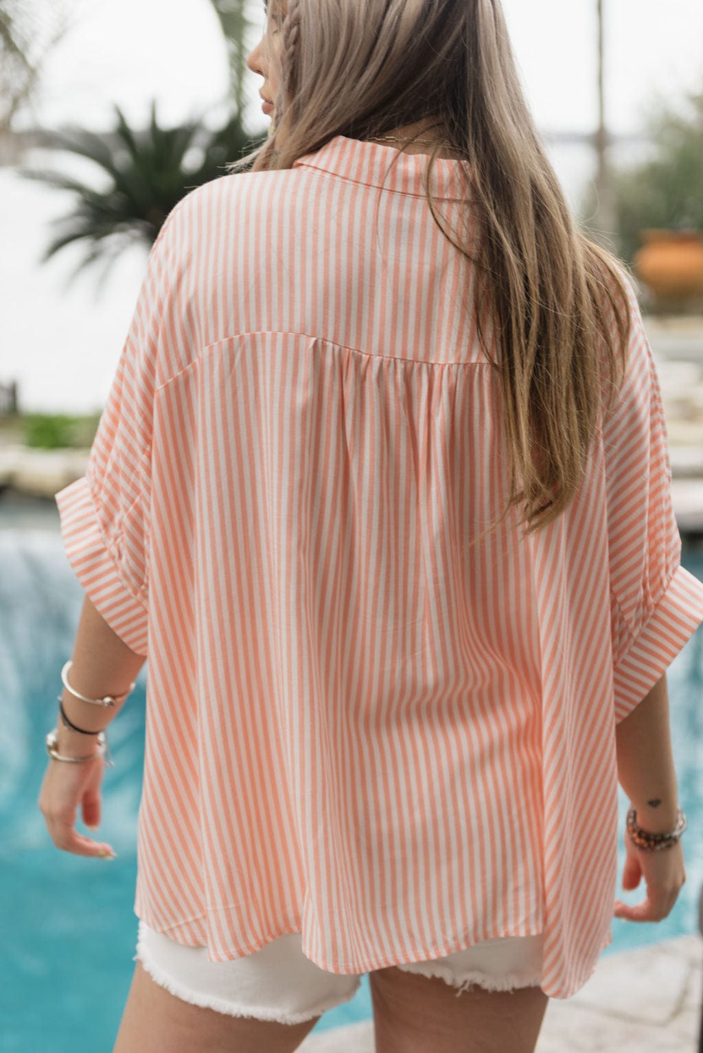 Coral Striped Short Sleeve Blouse - Image 6