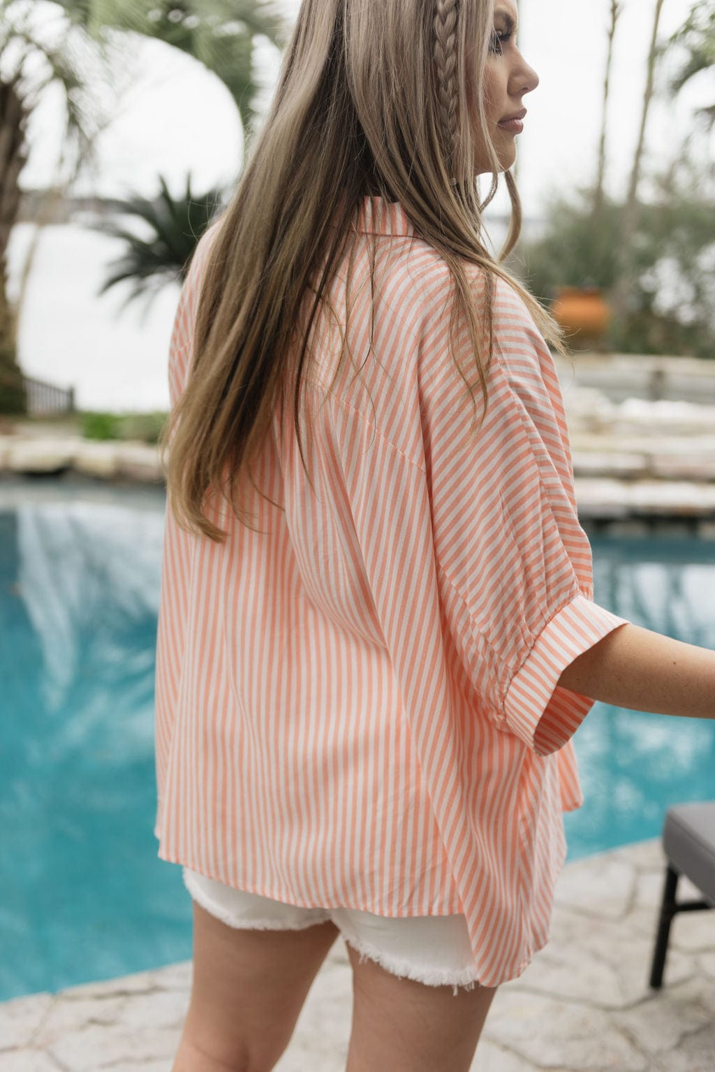 Coral Striped Short Sleeve Blouse - Image 2
