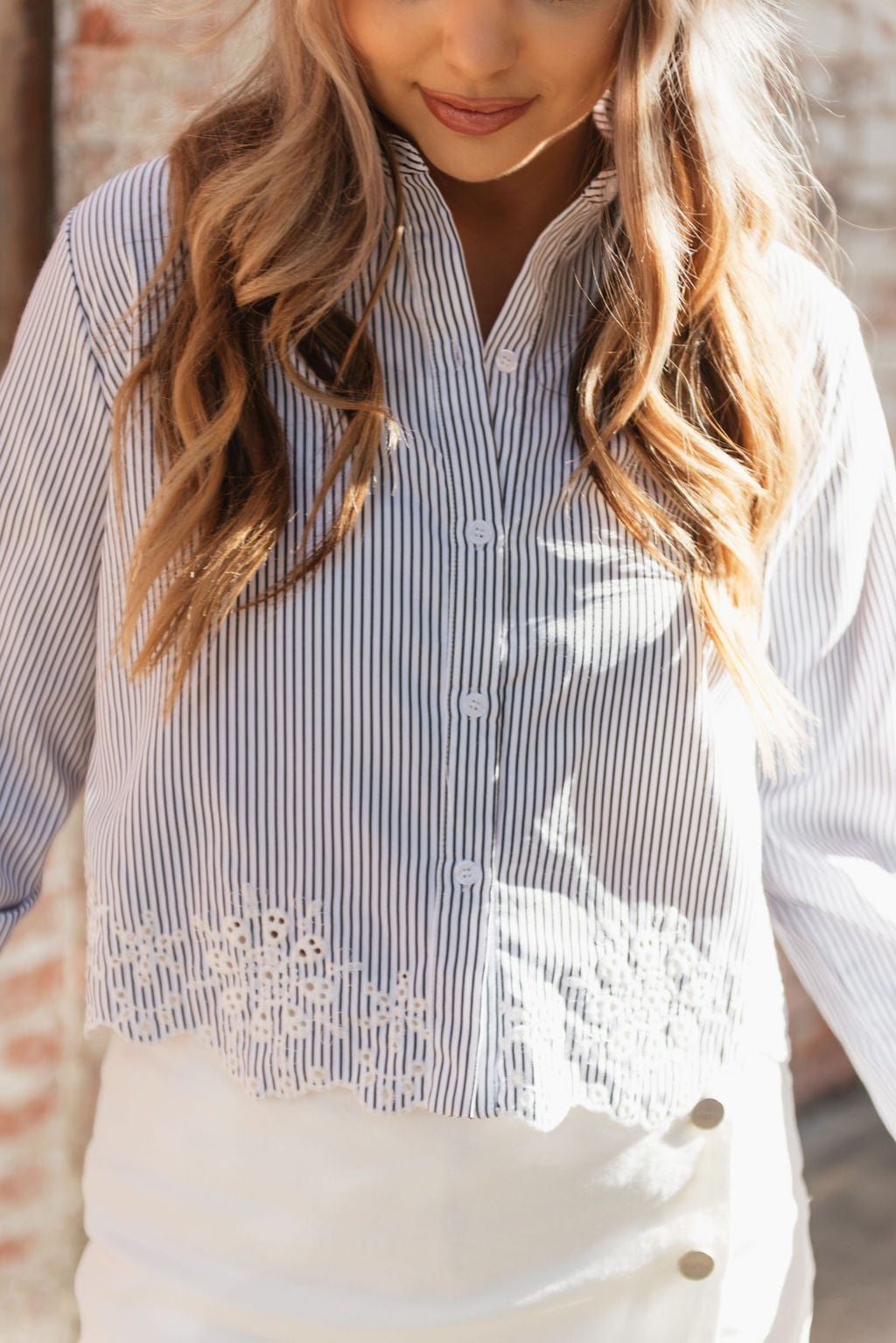 White & Black Striped Embroidered Blouse - Image 4