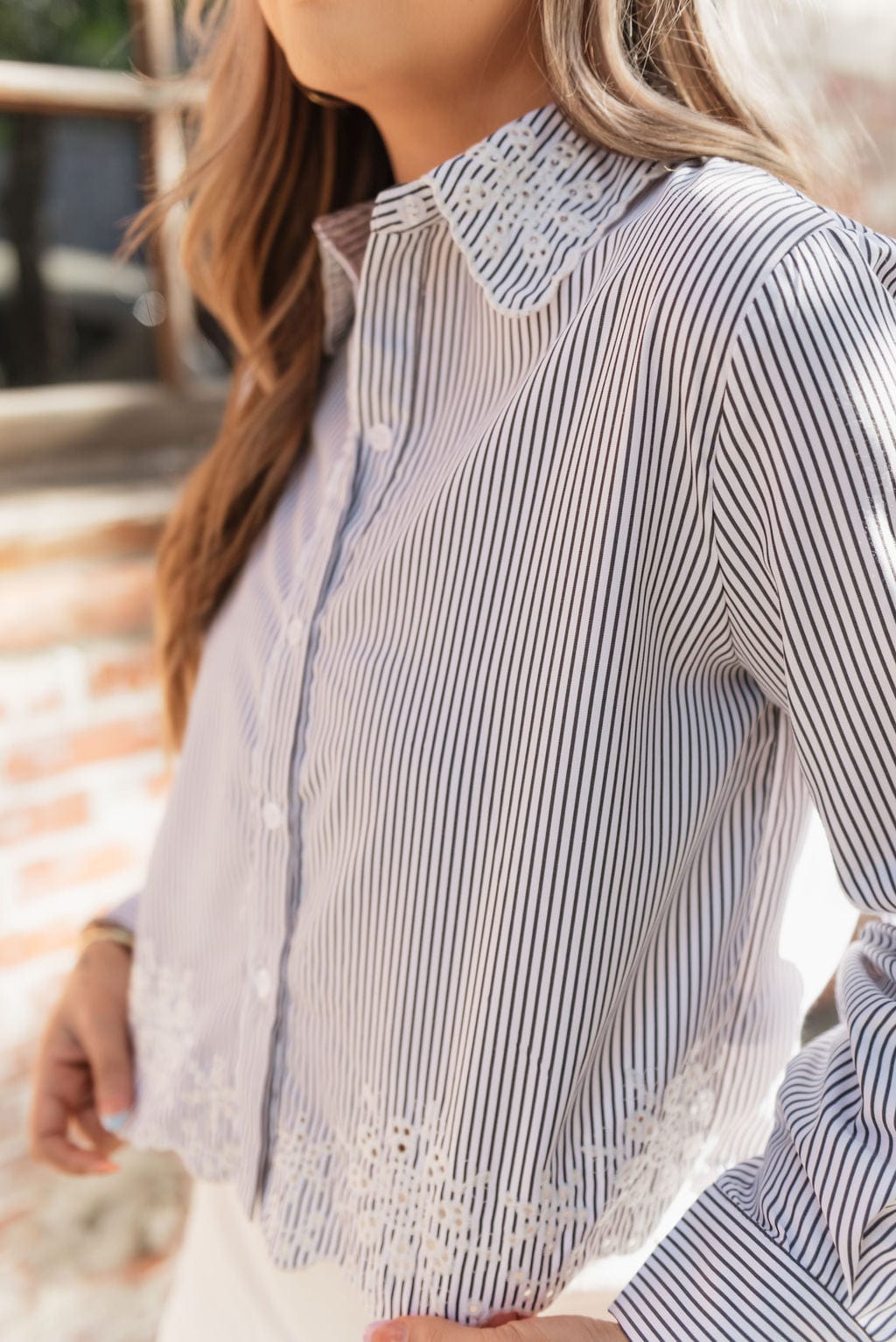 White & Black Striped Embroidered Blouse
