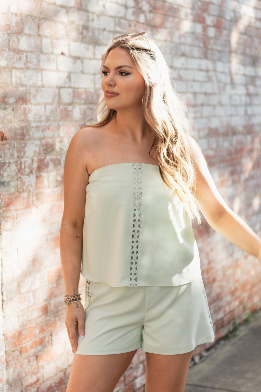 Mint Lace Trim Tube Top & Short Set