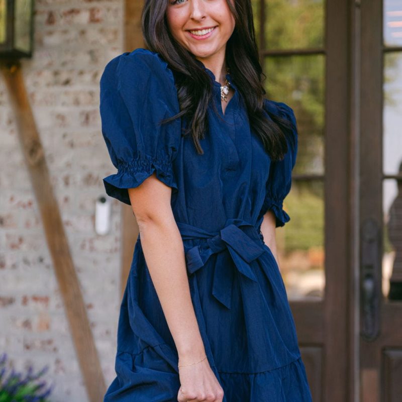 Navy Ruffle Detail Short Sleeve Dress