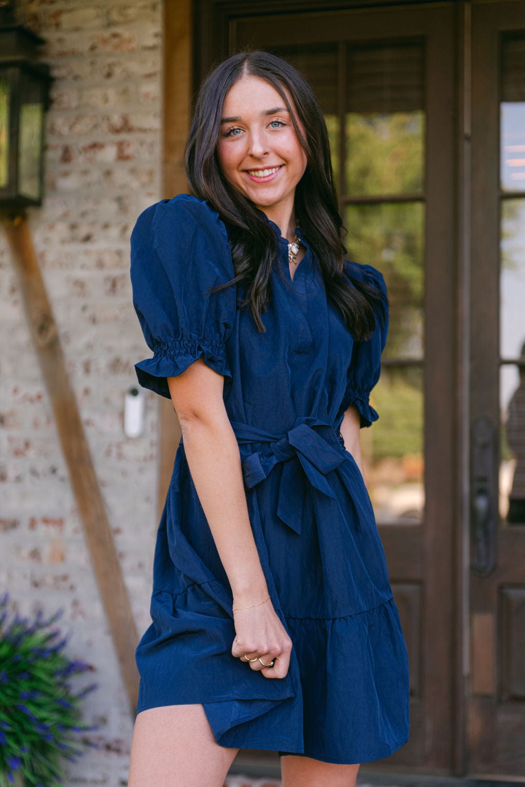 Navy Ruffle Detail Short Sleeve Dress