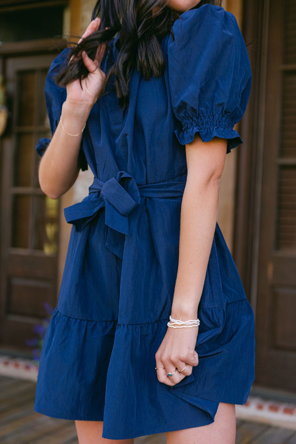 Navy Ruffle Detail Short Sleeve Dress - Image 3