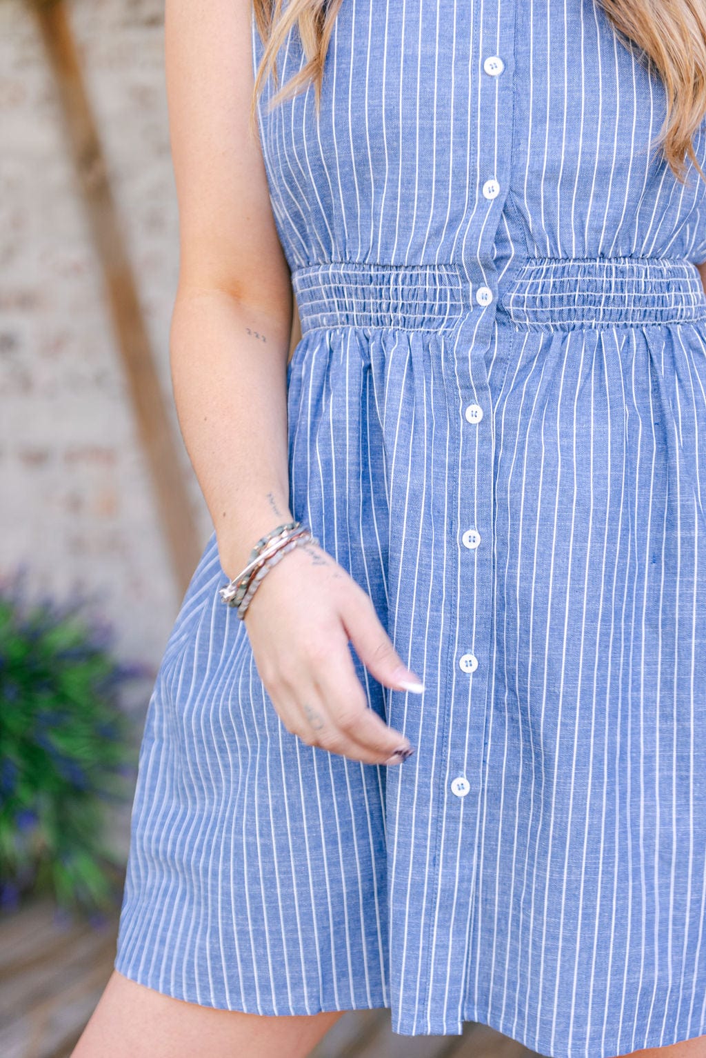 Blue Striped Synched Button Down Dress - Image 6
