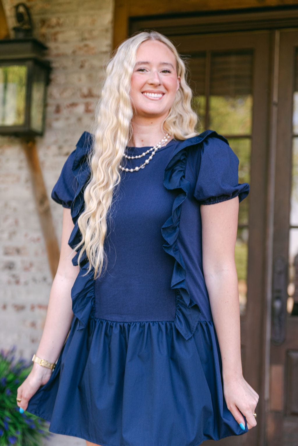 Navy Ruffle Drop Waist Mini Dress - Image 3