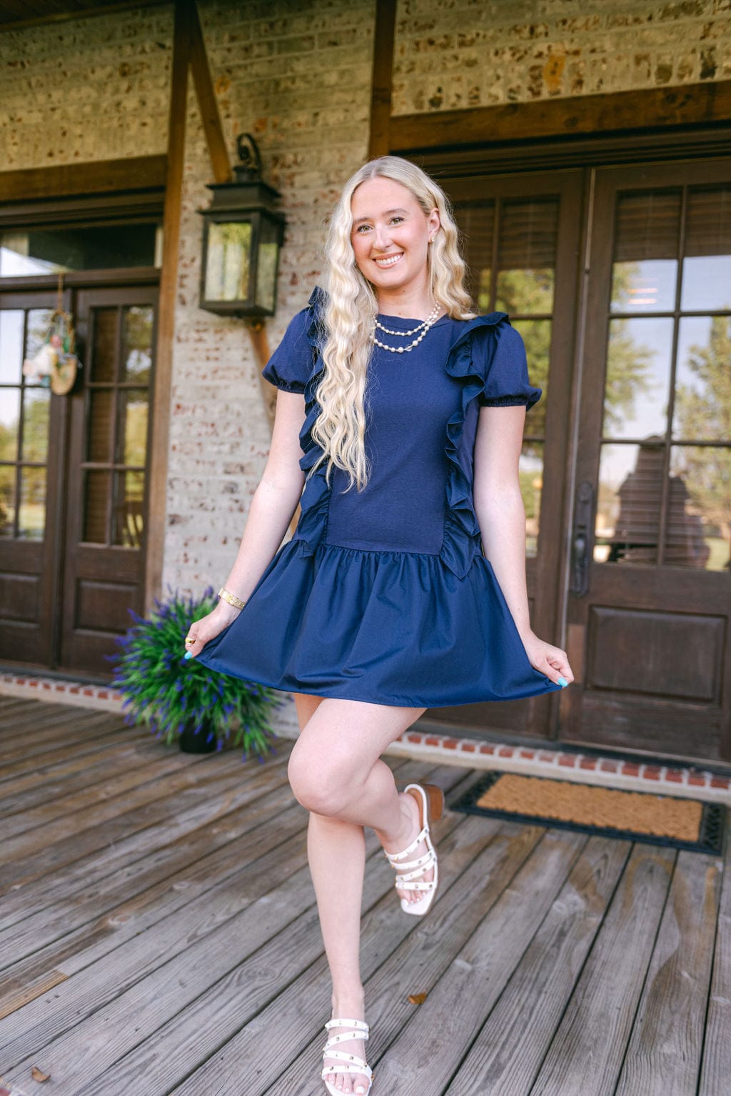 Navy Ruffle Drop Waist Mini Dress