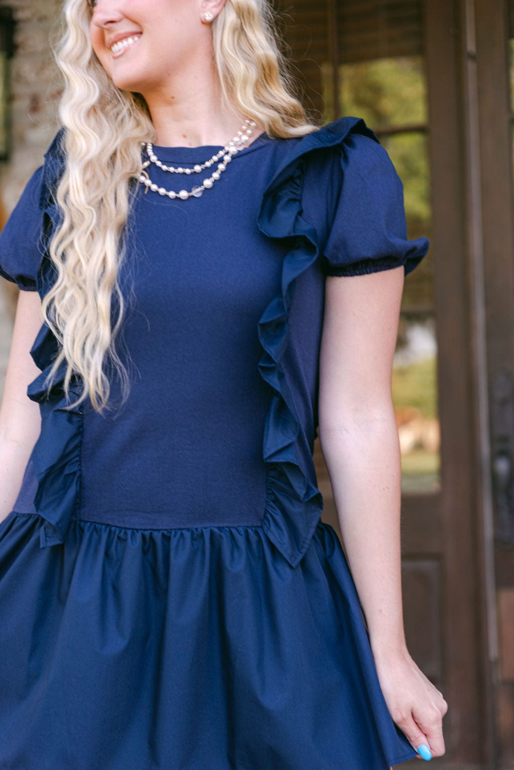 Navy Ruffle Drop Waist Mini Dress - Image 6